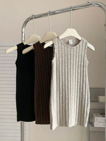 3pcs/Set Young Girl Solid Color Knitted Round Neck Sleeveless Fitted Casual Dress