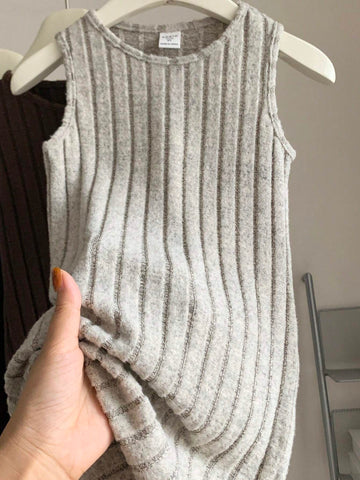 3pcs/Set Young Girl Solid Color Knitted Round Neck Sleeveless Fitted Casual Dress