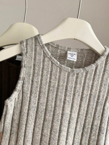 3pcs/Set Young Girl Solid Color Knitted Round Neck Sleeveless Fitted Casual Dress