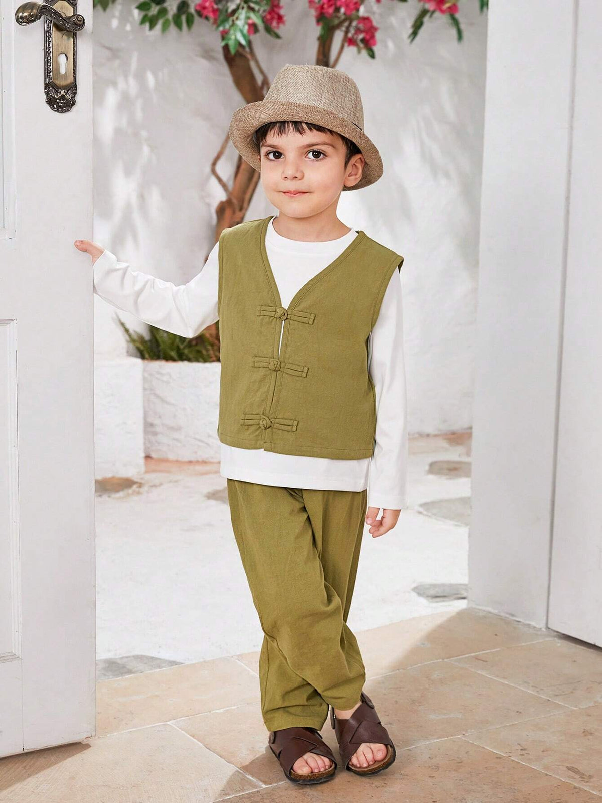 3pcs Young Boys' Traditional Hanfu Vest, Long Sleeved Round Neck T-Shirt, And Pants Set, Suitable For Daily Wear