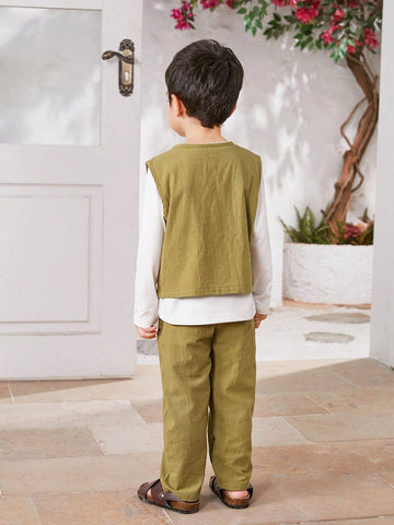 3pcs Young Boys' Traditional Hanfu Vest, Long Sleeved Round Neck T-Shirt, And Pants Set, Suitable For Daily Wear