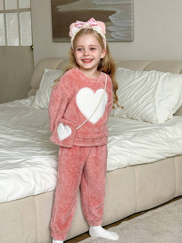 SHEIN 3pcs Young Girls Casual Heart Embroidered Crew Neck Long Sleeve Top And Sweatpants Soft Fleece Lounge Pajama Set