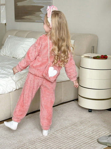 SHEIN 3pcs Young Girls Casual Heart Embroidered Crew Neck Long Sleeve Top And Sweatpants Soft Fleece Lounge Pajama Set