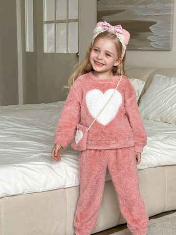 SHEIN 3pcs Young Girls Casual Heart Embroidered Crew Neck Long Sleeve Top And Sweatpants Soft Fleece Lounge Pajama Set