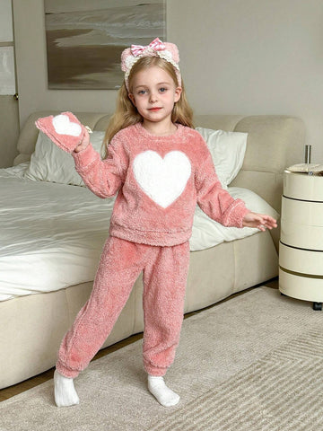 SHEIN 3pcs Young Girls Casual Heart Embroidered Crew Neck Long Sleeve Top And Sweatpants Soft Fleece Lounge Pajama Set