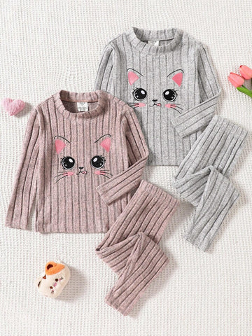 SHEIN 4pcs Young Girl Cute Cartoon Embroidery Stand Collar Long Sleeve T-Shirt & Lounge Pants Pajama Set, Snug Fit, Soft & Warm For Autumn/Winter