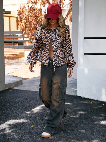 Affinna Casual Coffee Leopard Print Hollow Lace-Up Ruffle Trim Waist Cinched Long Sleeve Blouse