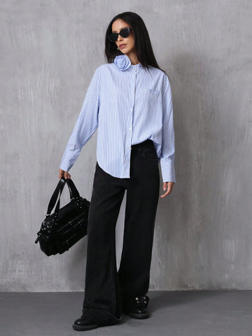 Elegant Design Collar 3D Floral Embellishment Long Sleeve Loose Women Blouse