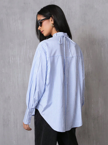 Elegant Design Collar 3D Floral Embellishment Long Sleeve Loose Women Blouse