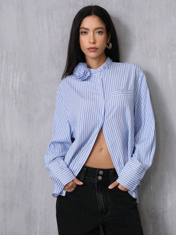 Elegant Design Collar 3D Floral Embellishment Long Sleeve Loose Women Blouse