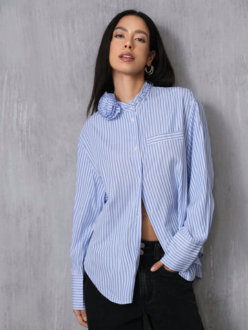 Elegant Design Collar 3D Floral Embellishment Long Sleeve Loose Women Blouse