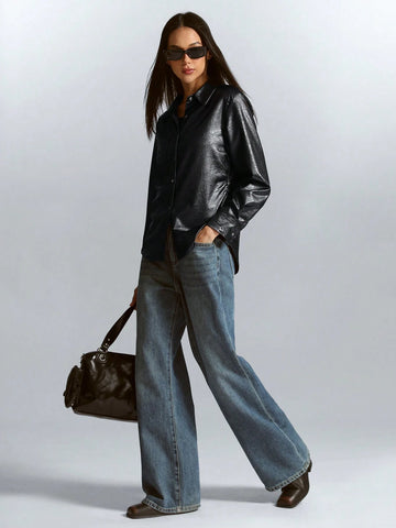 High-End Commuter Mixed Streetwear Faux PU Leather Texture Slim Waist Long Sleeve Shirt