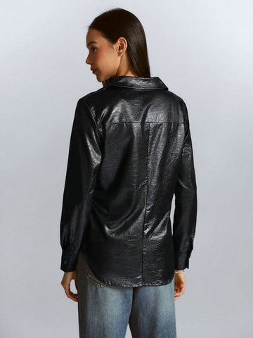 High-End Commuter Mixed Streetwear Faux PU Leather Texture Slim Waist Long Sleeve Shirt