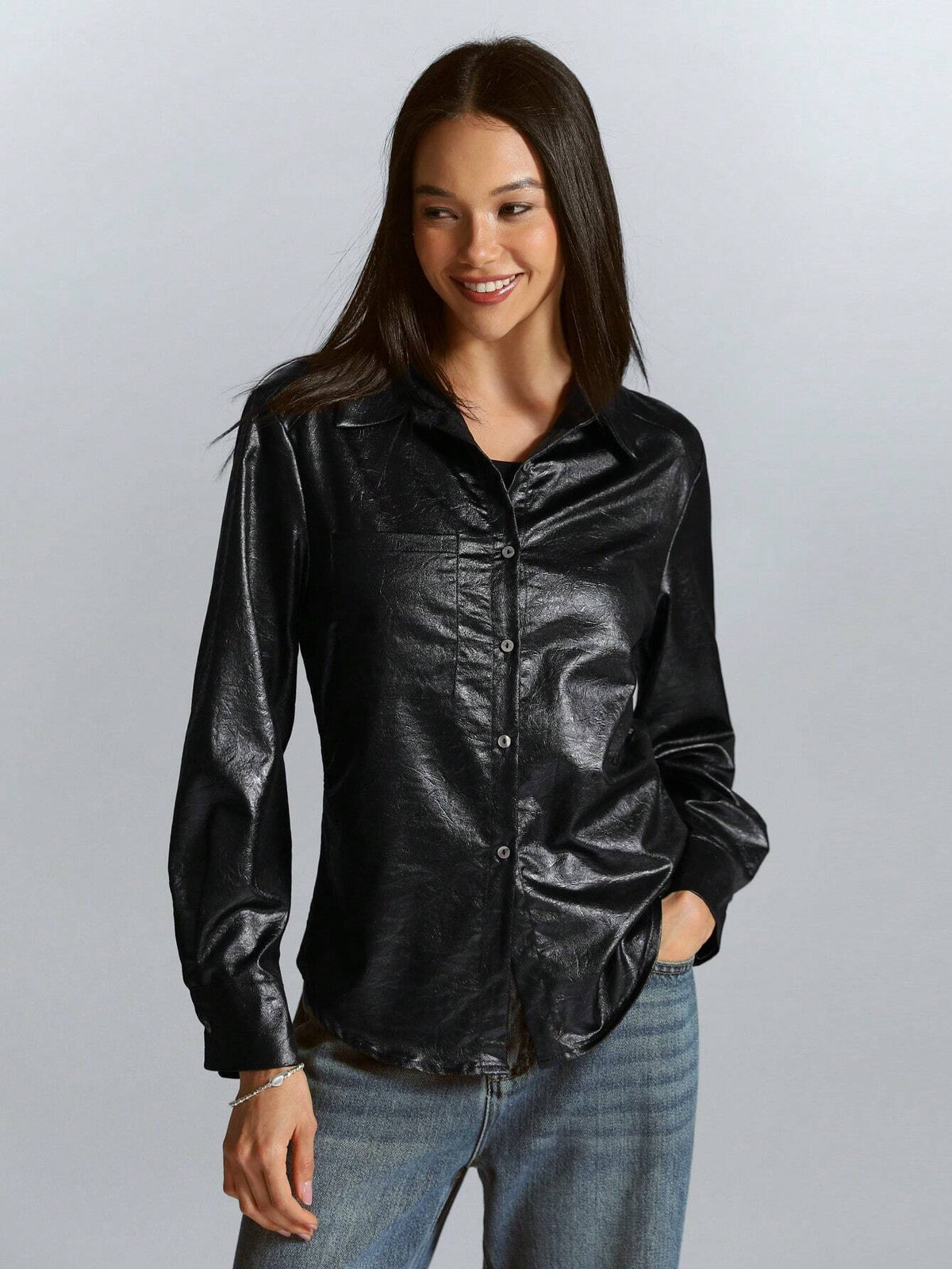 High-End Commuter Mixed Streetwear Faux PU Leather Texture Slim Waist Long Sleeve Shirt