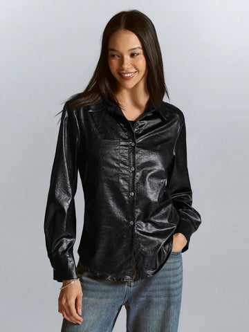 High-End Commuter Mixed Streetwear Faux PU Leather Texture Slim Waist Long Sleeve Shirt