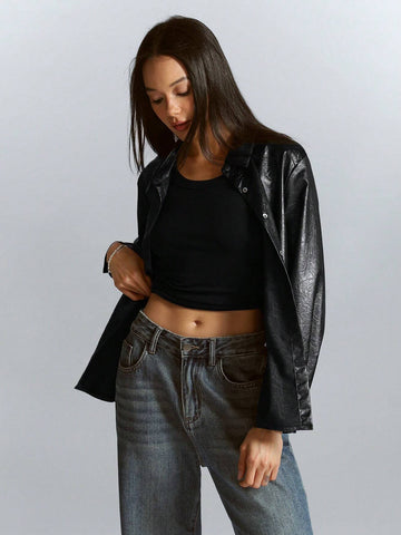 High-End Commuter Mixed Streetwear Faux PU Leather Texture Slim Waist Long Sleeve Shirt