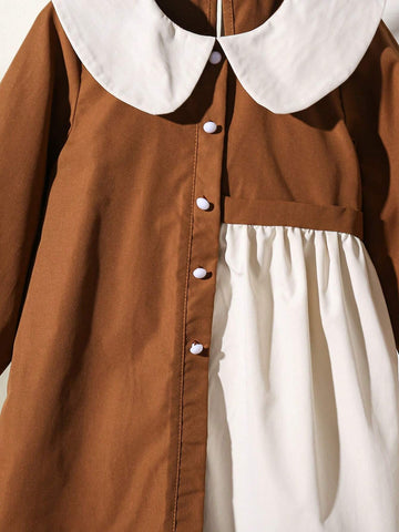 All-Match, Versatile And Elegant Brown-Toned Long-Sleeved Shirt, The Perfect First Piece For Toddler Girls For The Autumn And Winter Seasons, School, Outdoor Activities, And Family Gatherings.
