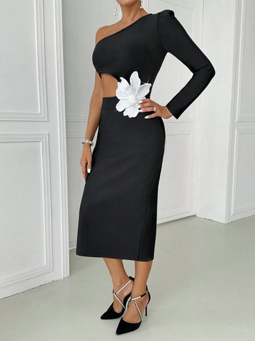 1pc Black Floral Applique Asymmetric Neck Long Sleeve Hollow Out Dress