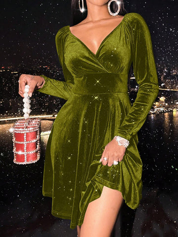 1pc Women V-Neck Waist Cinching Long Sleeve Solid Color Dress, Elegant For Autumn/Winter