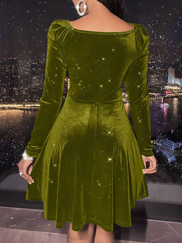 1pc Women V-Neck Waist Cinching Long Sleeve Solid Color Dress, Elegant For Autumn/Winter