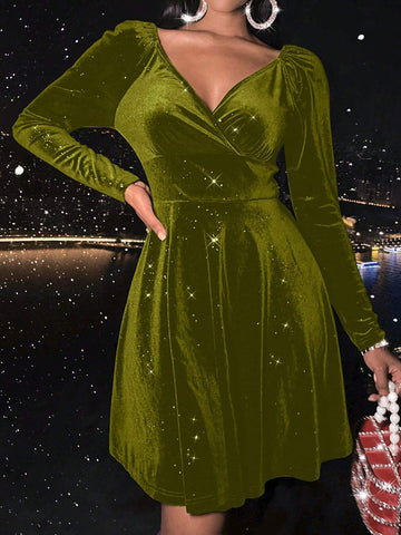 1pc Women V-Neck Waist Cinching Long Sleeve Solid Color Dress, Elegant For Autumn/Winter