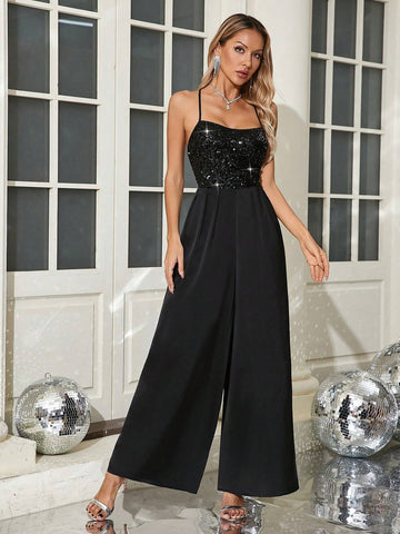 Black Elegant Glam Sequin Lace-Up Back High Waist Backless Back Zip Up Satin Wide-Legged Long Women's Jumpsuit