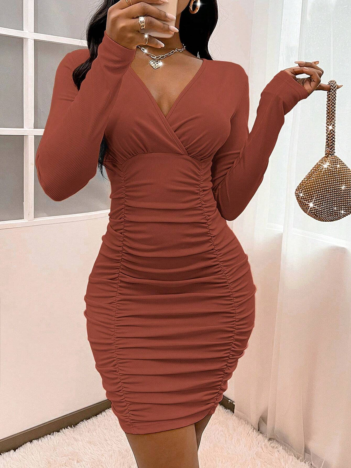 Bodycon Plain V-Neck Dress, Simple Elegant Casual Daily Wear