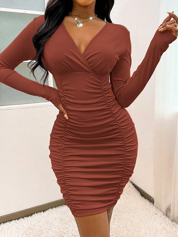 Bodycon Plain V-Neck Dress, Simple Elegant Casual Daily Wear