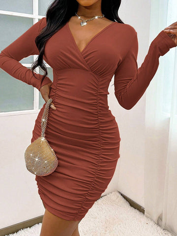 Bodycon Plain V-Neck Dress, Simple Elegant Casual Daily Wear