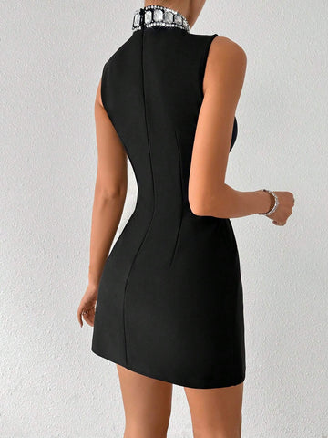 Elegant Sleeveless Black Rhinestone Decorated Stand Collar Chic Bandage Dress, Homecom