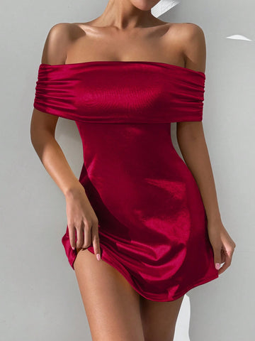 Off Shoulder Bandeau Sexy Formal Dress, Solid Color Bodycon