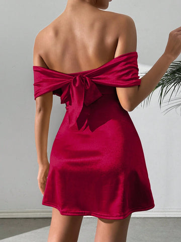 Off Shoulder Bandeau Sexy Formal Dress, Solid Color Bodycon