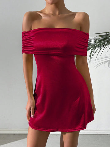 Off Shoulder Bandeau Sexy Formal Dress, Solid Color Bodycon