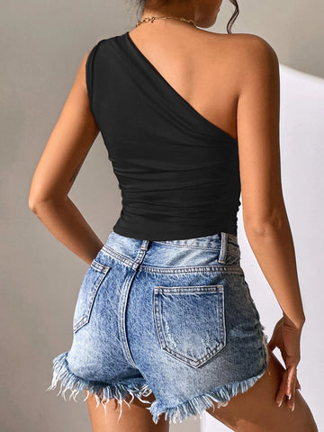 Allurite One Shoulder Ruched Asymmetrical Hem Top