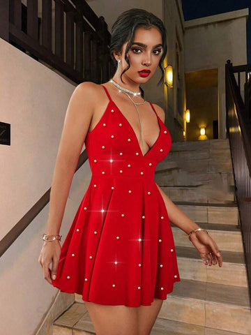 Red Backless Beaded Decor Elegant Sexy Dress For Valentine's Day, Christmas, Music Festival,
