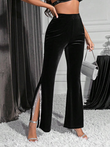 Allurite Rhinestone Fringe Trim Split Thigh Velvet Flare Leg Pants