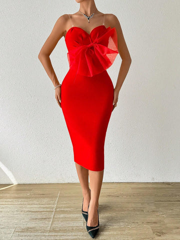 Sexy Mesh Splice Strapless Sleeveless Red Mini Dress