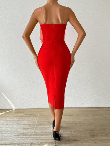 Sexy Mesh Splice Strapless Sleeveless Red Mini Dress