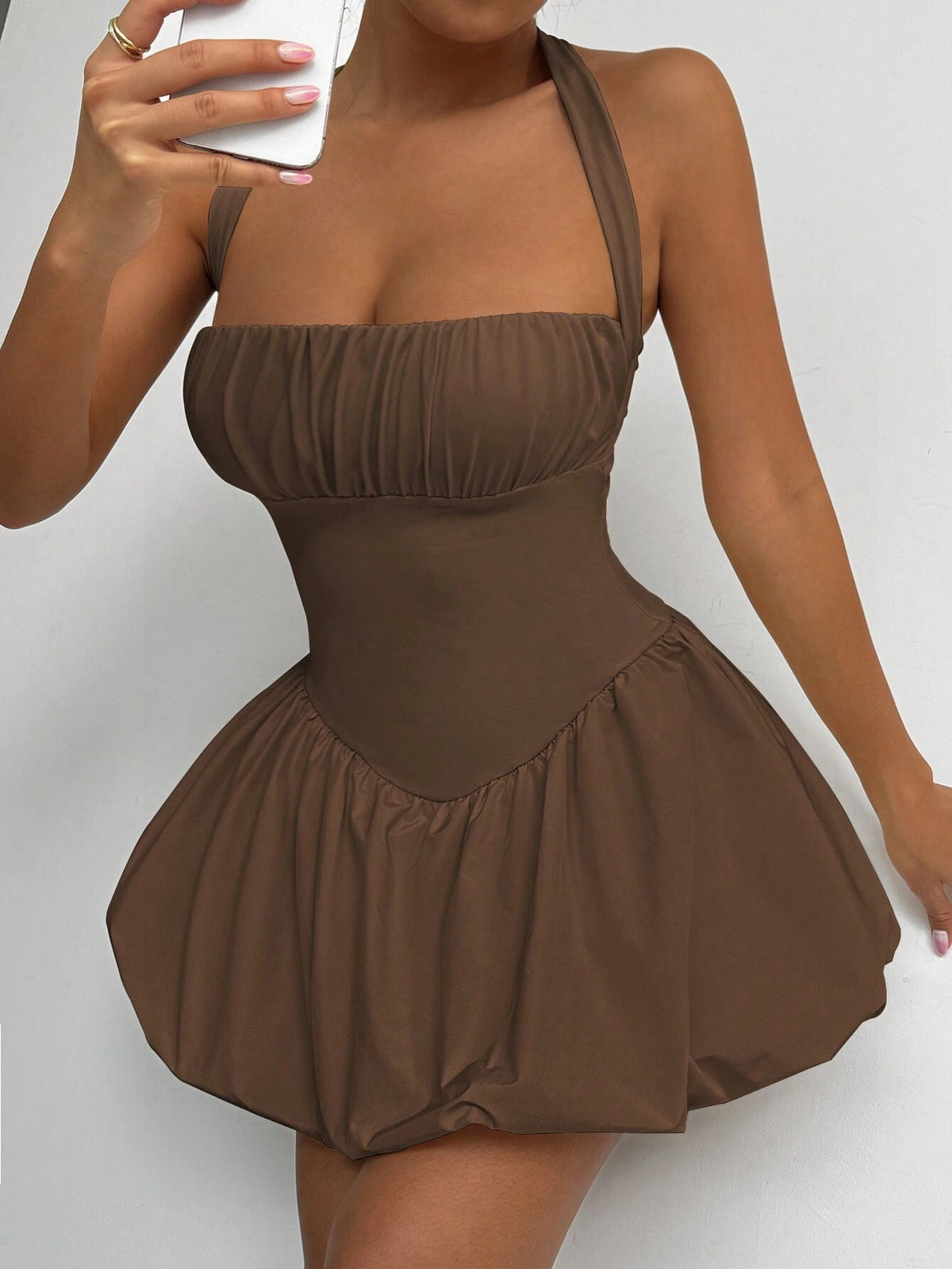 Sleeveless Solid Color Ruched Bust Open Back Flare Hem Dress