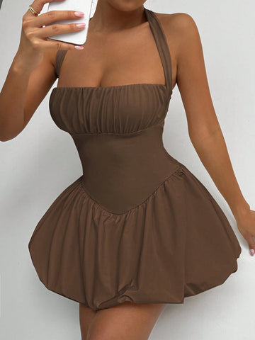 Sleeveless Solid Color Ruched Bust Open Back Flare Hem Dress
