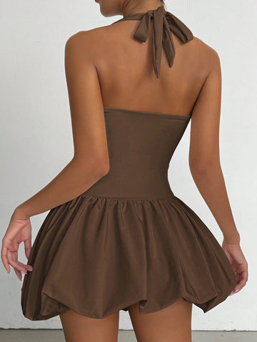 Sleeveless Solid Color Ruched Bust Open Back Flare Hem Dress