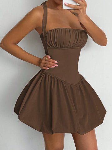 Sleeveless Solid Color Ruched Bust Open Back Flare Hem Dress