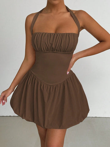 Sleeveless Solid Color Ruched Bust Open Back Flare Hem Dress