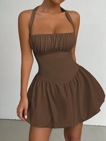 Sleeveless Solid Color Ruched Bust Open Back Flare Hem Dress