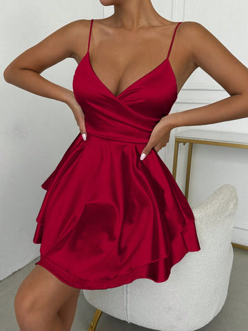 Women Plain Color Ruched Spaghetti Strap Mini Dress