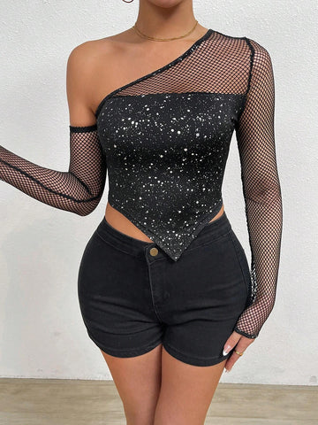 Women Sexy Black Halter Top With Sequin Mesh Splice Cutout Sleeves