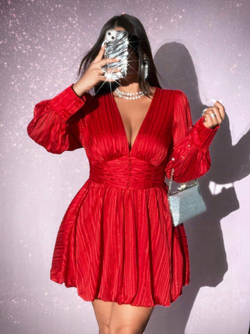 Women Shiny Chiffon V-Neck Ruched Waist Long Sleeve Mini Dress