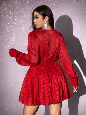 Women Shiny Chiffon V-Neck Ruched Waist Long Sleeve Mini Dress