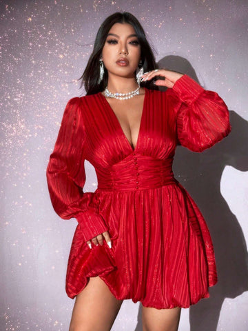Women Shiny Chiffon V-Neck Ruched Waist Long Sleeve Mini Dress
