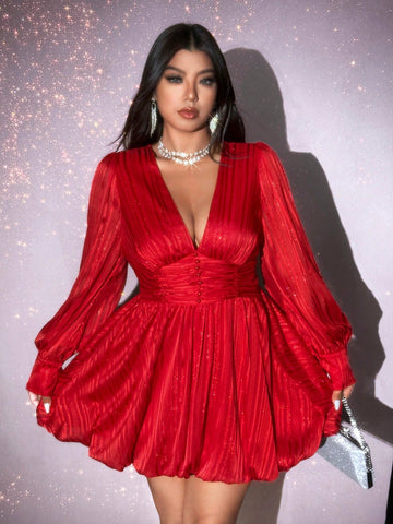 Women Shiny Chiffon V-Neck Ruched Waist Long Sleeve Mini Dress